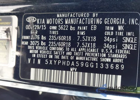 2016 Kia Sorento 3.3L Ex z USA, uszkodzony, nr VIN 5XYPHDA59GG133689